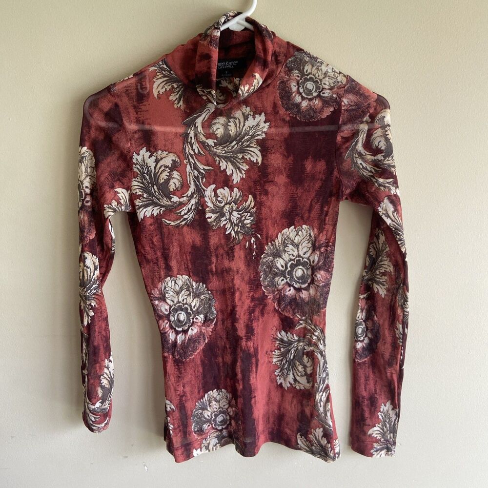 Karen Kane Semi Sheer  Turtle Neck Red Floral Long Sleeved Layering Top Small